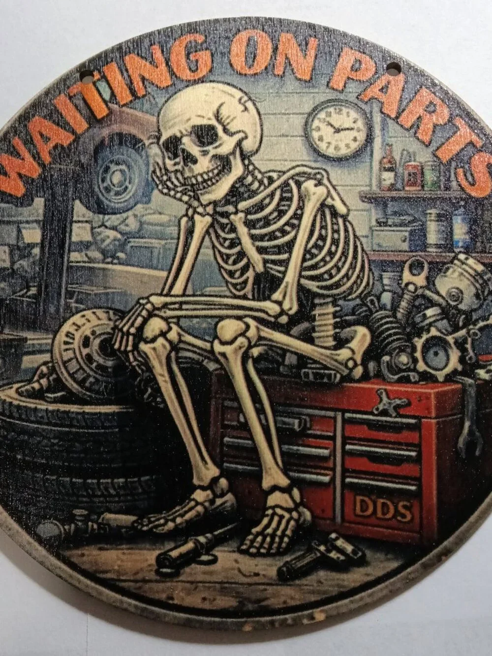 6-inch Vintage-style hanging wood plaque Waiting On Parts